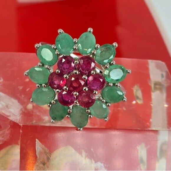 925 Sterling Silver Ring SZ 9 with Natural Ruby & Emerald Gemstone - Picture 15 of 15
